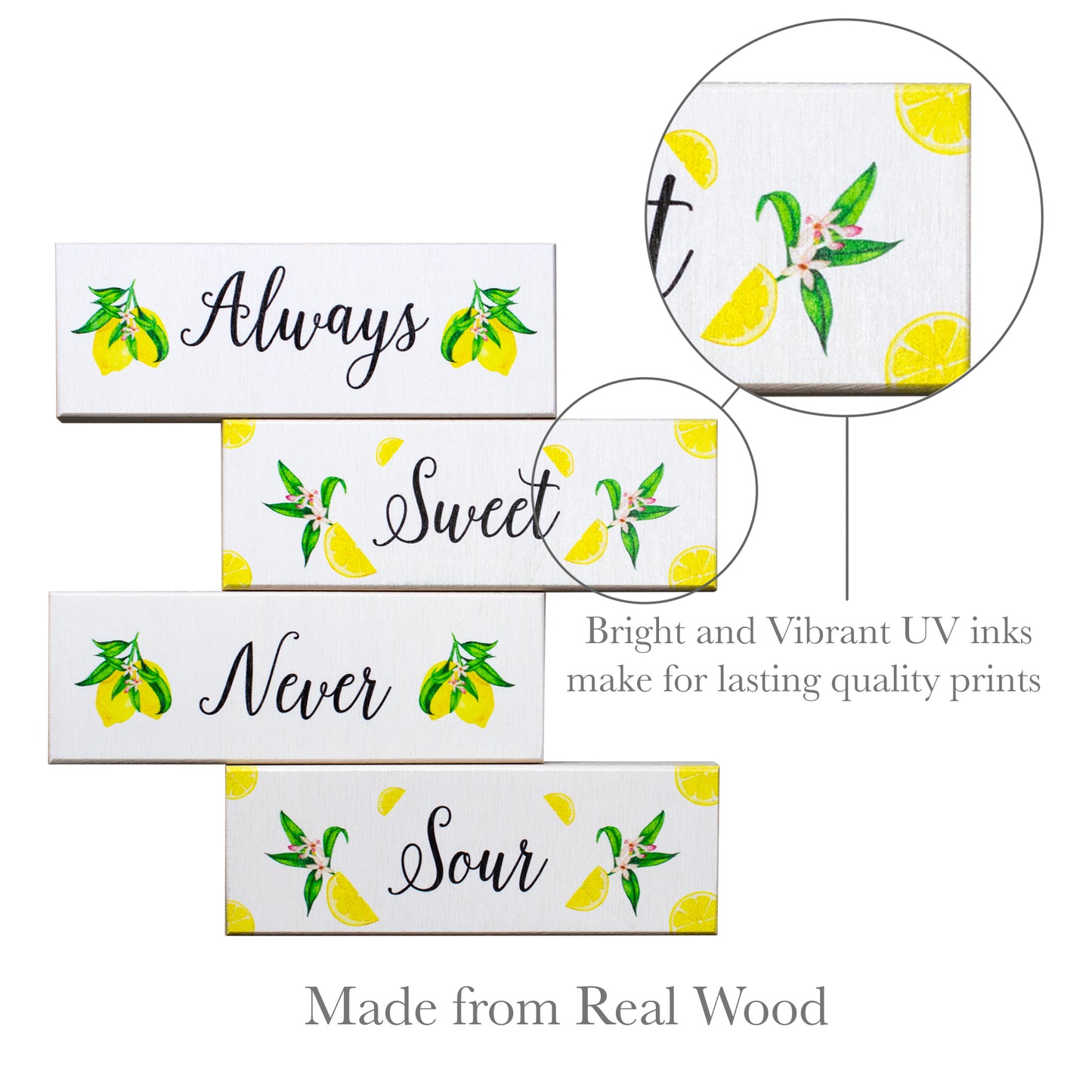 JennyGems Always Sweet Never Sour Lemon Wooden Signs for Tiered Tray Shelf or Table, Lemon Kitchen Decor, Made in USA