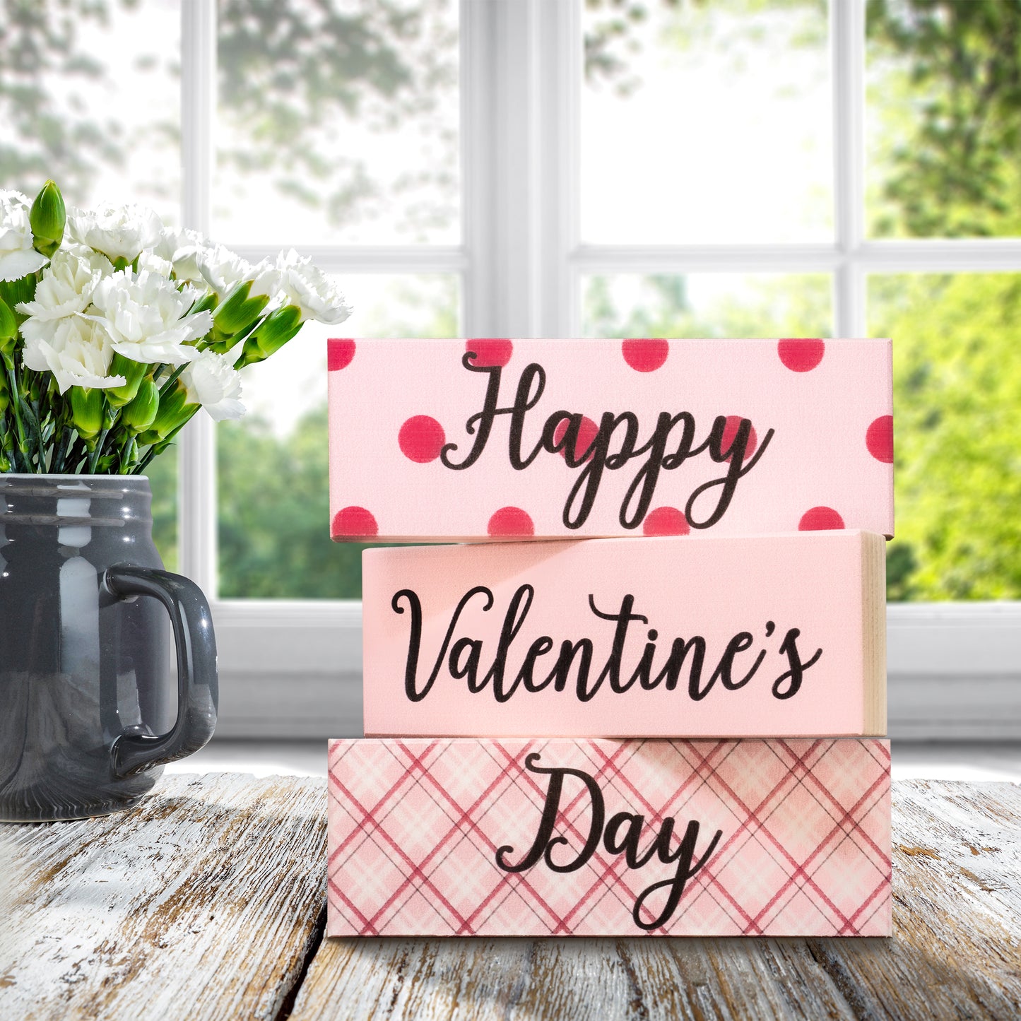 JennyGems Happy Valentines Day Sign Decor Gift, Valentine's Day Decorations, Valentines Day Gift Signs, Set of 3 Mini Block Set, 5.5x2x.75 Inches Each, Valentine's Decor, American Made