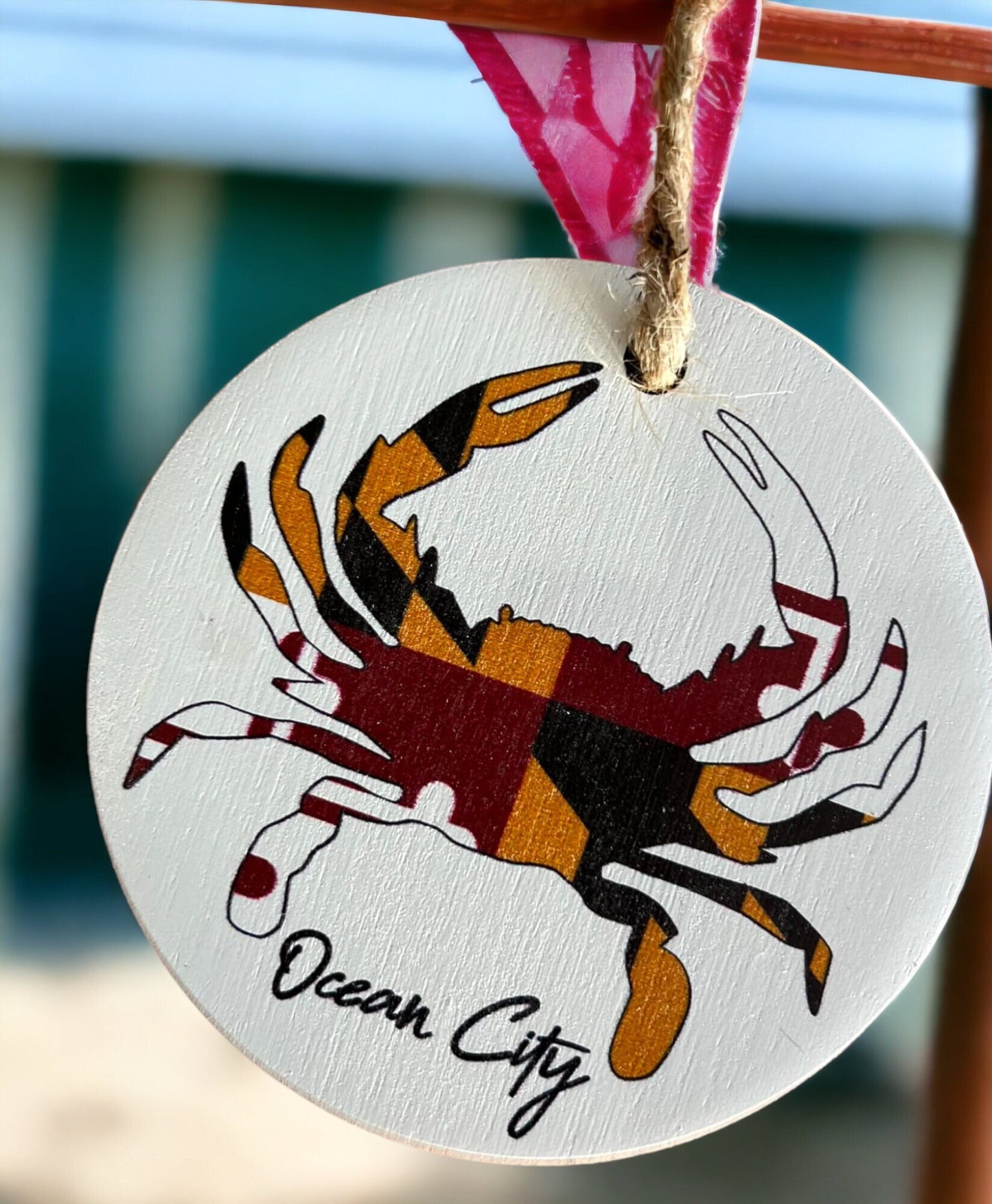 Ocean City Maryland Christmas Ornament, Wooden Maryland Ornament with Hanging String, Maryland Crab, Maryland Flag, OCMD