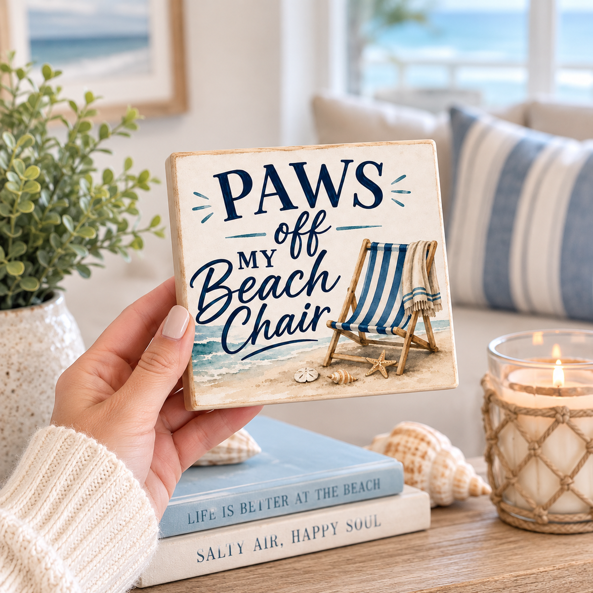 A hand holds a square decorative sign with the phrase 'PAWS off MY Beach Chair' and an illustration of a beach chair on a sandy shore. The sign is shown in a cozy indoor setting with books, a candle, and a striped pillow in the background.