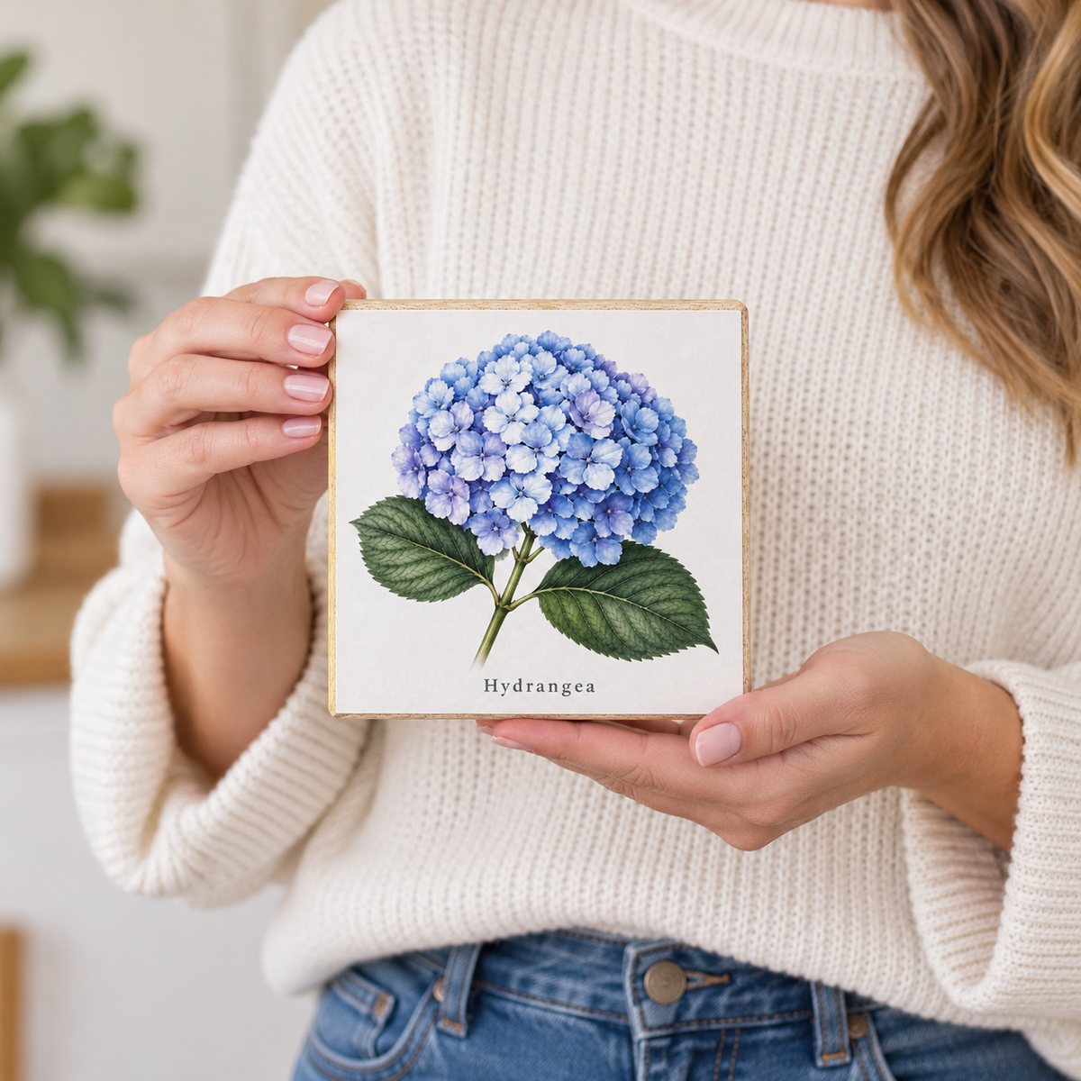 A person in a cream knit sweater holds a square wooden plaque featuring a watercolor-style illustration of a blue and white hydrangea with green leaves and the word 'Hydrangea' printed below.