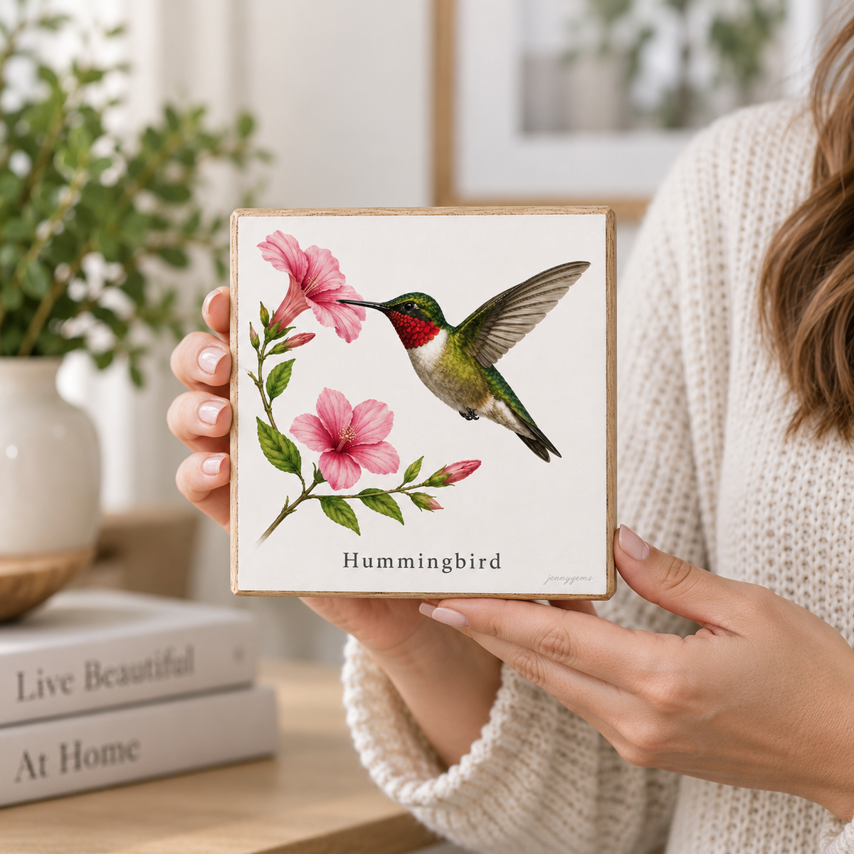 A person in a cream knit sweater holds a square decorative tile featuring an illustrated hummingbird and pink flowers. The scene is set in a softly lit home interior with books and a plant in the background.