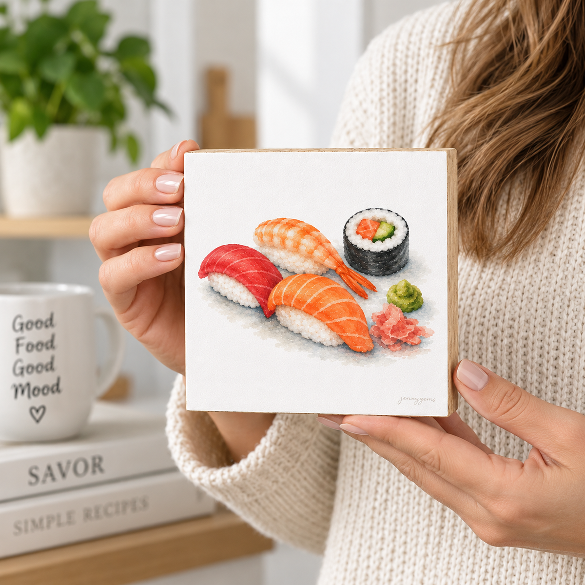 A person in a cream knit sweater holds a square white art print or card featuring a watercolor-style illustration of sushi pieces, including nigiri, maki, salmon, tuna, shrimp, and pickled ginger. The background shows a softly blurred indoor setting with a plant, books, and a mug.