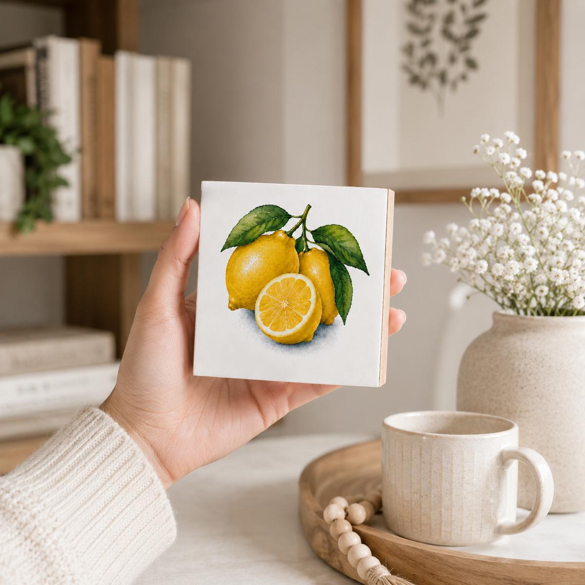 A hand holds a square white art print or coaster featuring a watercolor-style illustration of three lemons with green leaves. The background shows a cozy, styled home interior with a mug, flowers, and books.