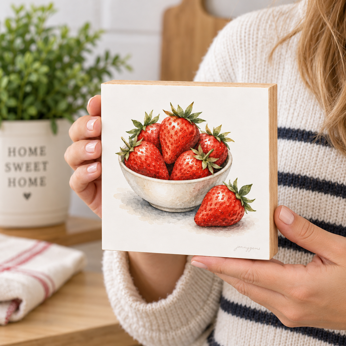 A person in a cream knit sweater holds a square wooden art print featuring a painted illustration of red strawberries in a white bowl. The background shows a cozy kitchen setting with a potted plant and wooden cutting board.
