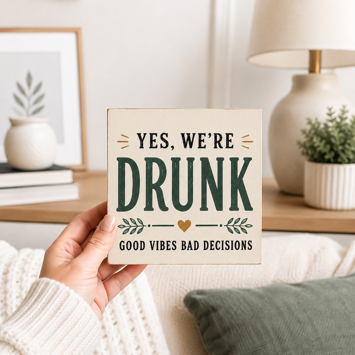 A hand holds a square decorative sign with the phrase “YES, WE’RE DRUNK” and “GOOD VIBES BAD DECISIONS” in dark green and black text on a cream background. The scene is a cozy indoor living space with a lamp, framed art, books, and a plant in the background.