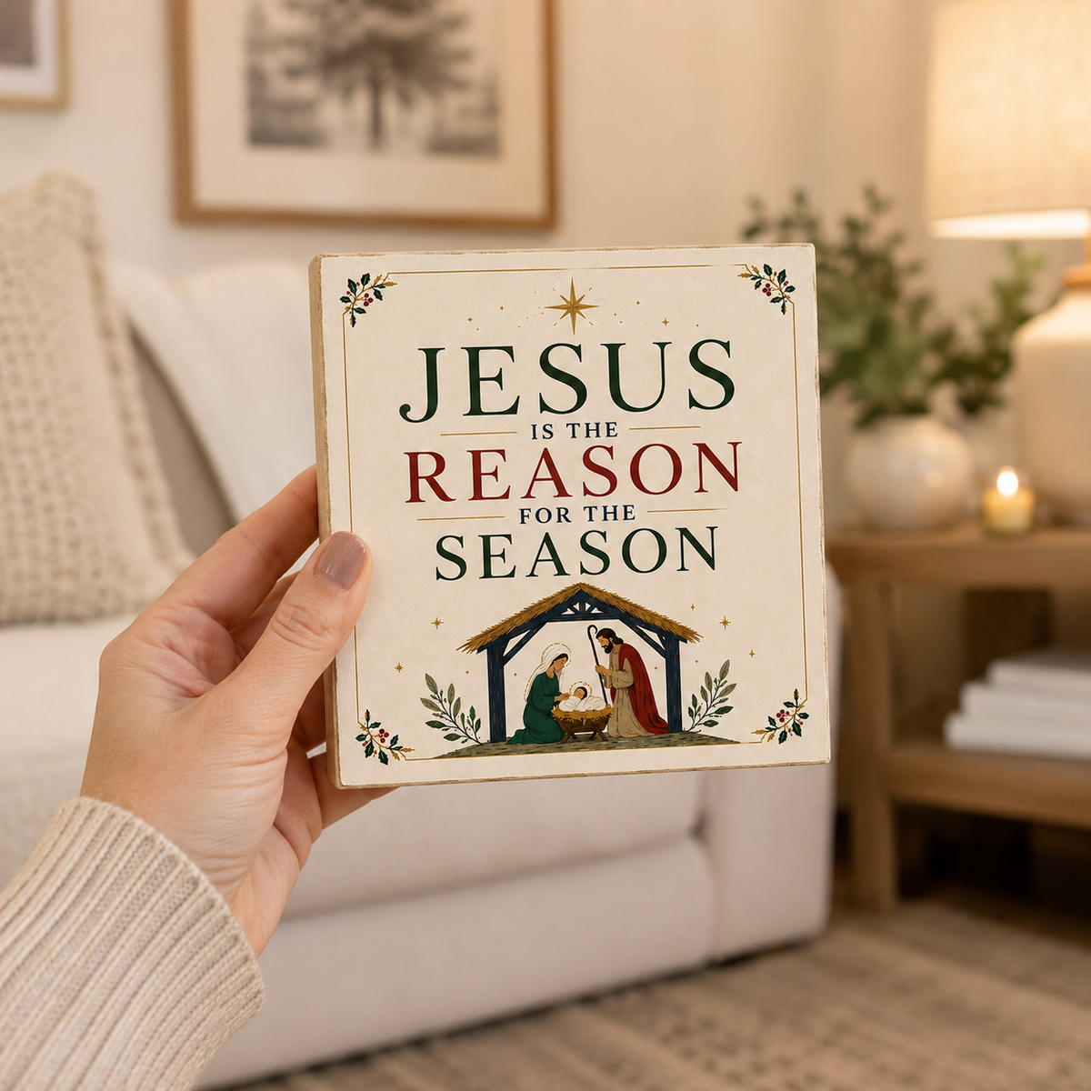 A hand holds a square decorative sign in a cozy living room setting. The sign reads 'JESUS IS THE REASON FOR THE SEASON' with a small nativity scene illustration at the bottom.