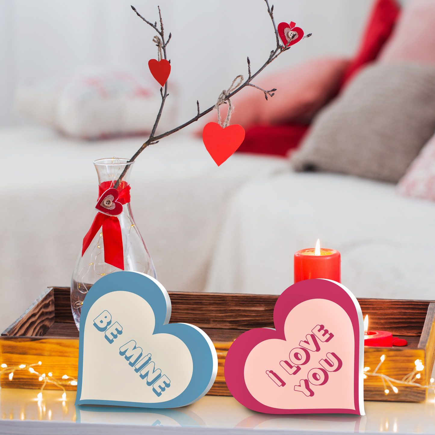 Valentine’s Day Decorations – 5-Piece Conversation Candy Heart Decor, 4 Inch Wooden Hearts with Funny Sayings for Mantel, Shelf and Tabletop
