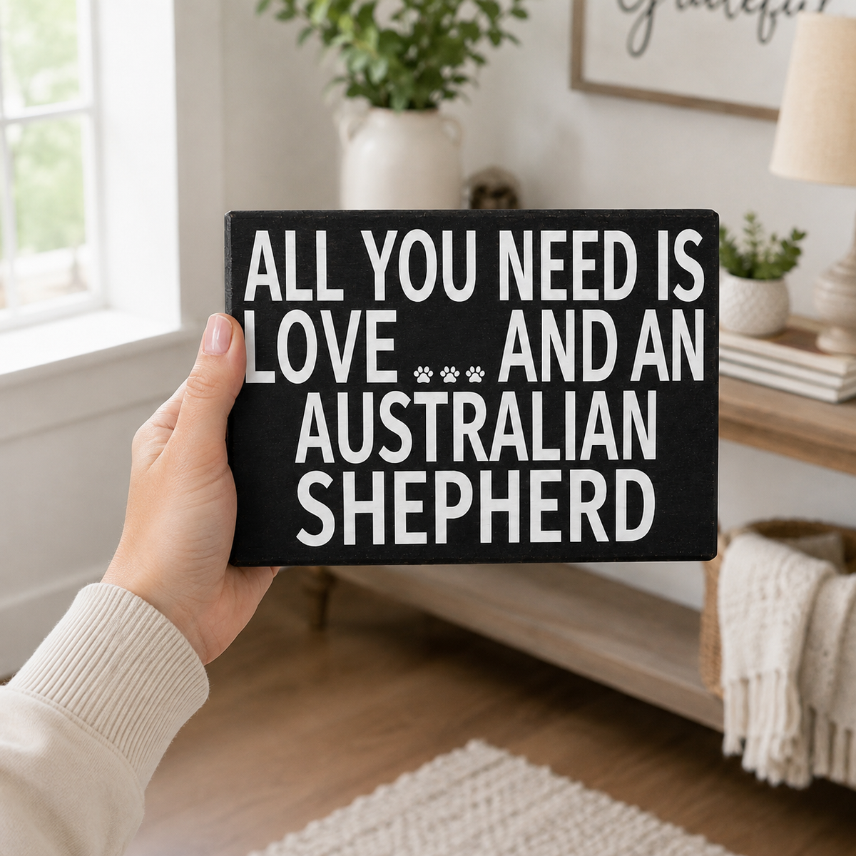 A hand holds a black rectangular sign with white text that reads 'ALL YOU NEED IS LOVE.