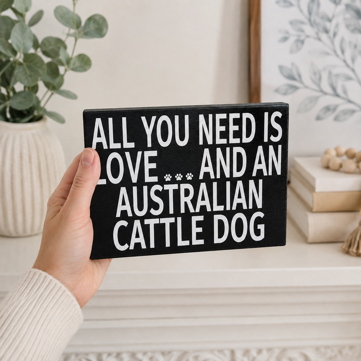 A hand holds a black rectangular wooden sign with white text that reads 'ALL YOU NEED IS LOVE.