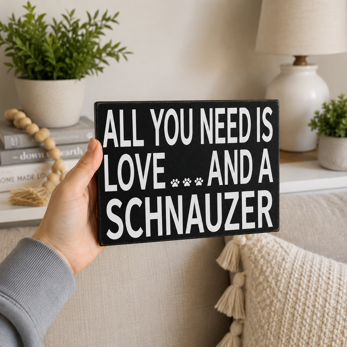 A hand holds a black rectangular decorative sign with white text that reads 'ALL YOU NEED IS LOVE.