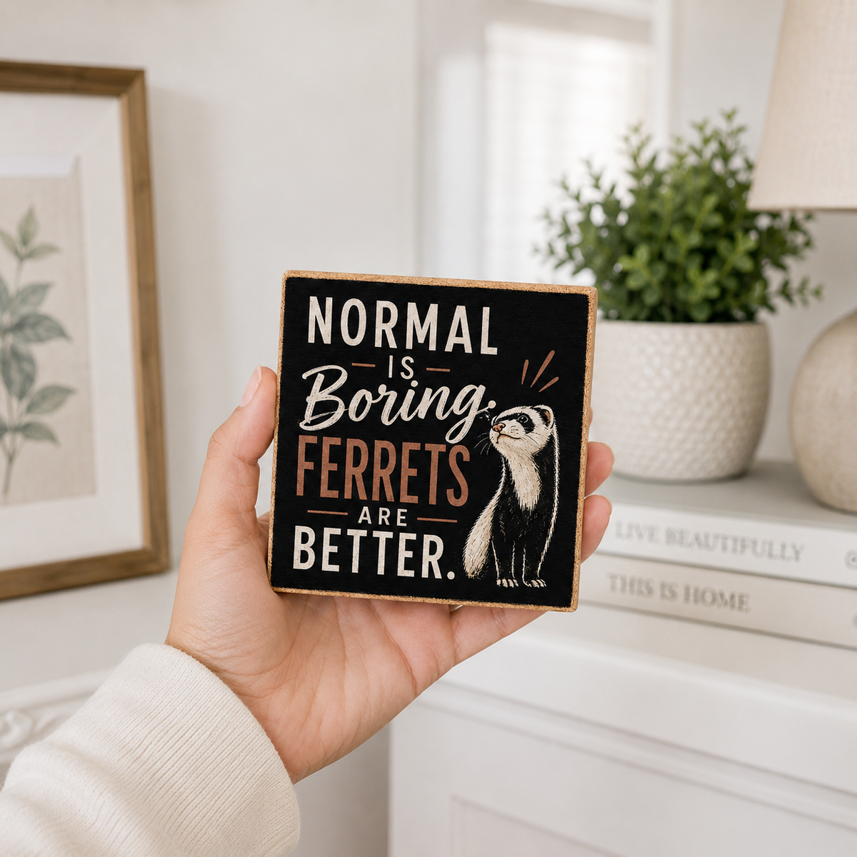 A hand holds a square decorative sign with the text 'NORMAL IS Boring FERRETS ARE BETTER.' and an illustration of a badger.