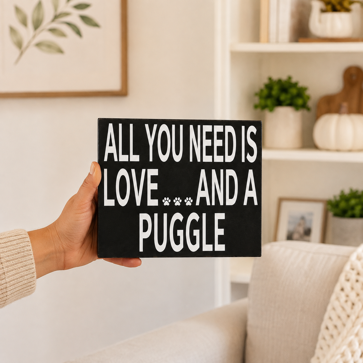 A hand holds a black square sign with white text that reads 'ALL YOU NEED IS LOVE.
