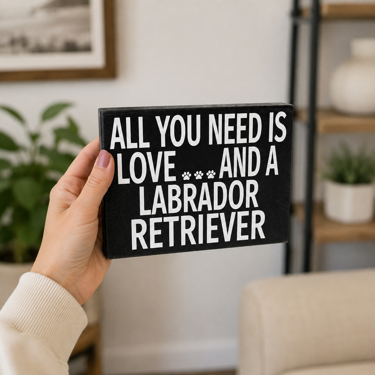 A hand holds a black rectangular decorative sign with white text that reads 'ALL YOU NEED IS LOVE *** AND A LABRADOR RETRIEVER' in a cozy indoor setting with a blurred couch and shelf in the background.