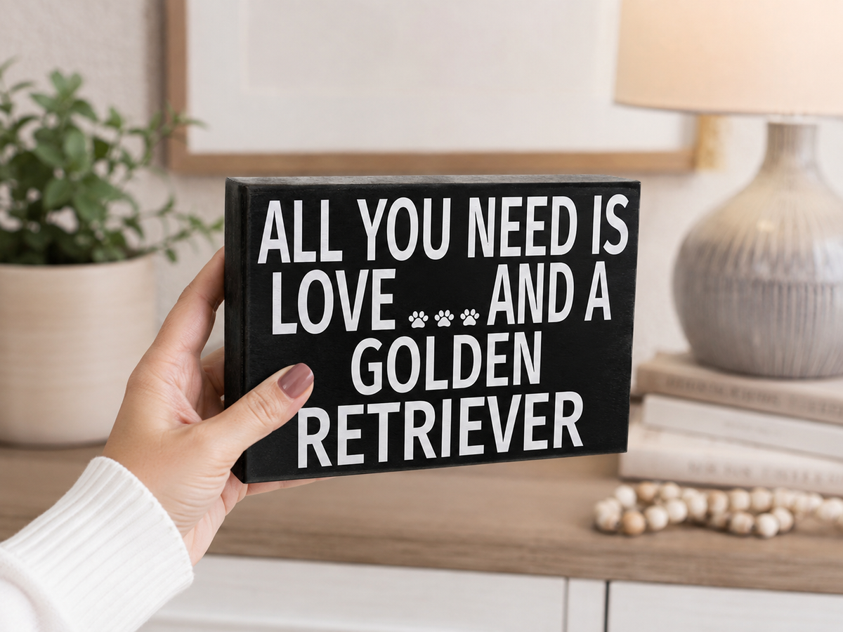 A hand holds a black rectangular wooden sign with white text that reads 'ALL YOU NEED IS LOVE AND A GOLDEN RETRIEVER' with two small paw prints. The background shows a softly blurred indoor setting with a plant, lamp, books, and beads.