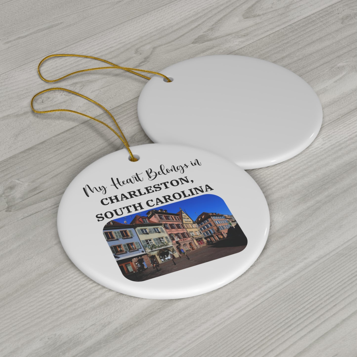 My Heart Belongs in Charleston SC Ornament, Rainbow Row Ceramic Christmas Tree Decoration, Charleston Souvenir, South Carolina Gift