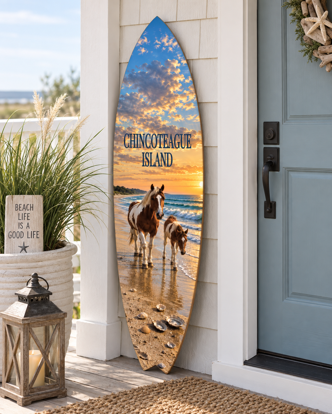 Chincoteague Island Surfboard Wall Art: Ponies & Oysters, Coastal Decor