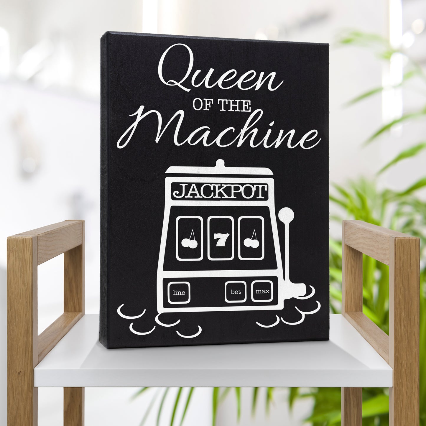 Casino Jackpot Slots Inspired Wood Gift Sign | Queen of the Machine | Slot Machine Keepsake Decoration for Casino Lovers | Made in USA