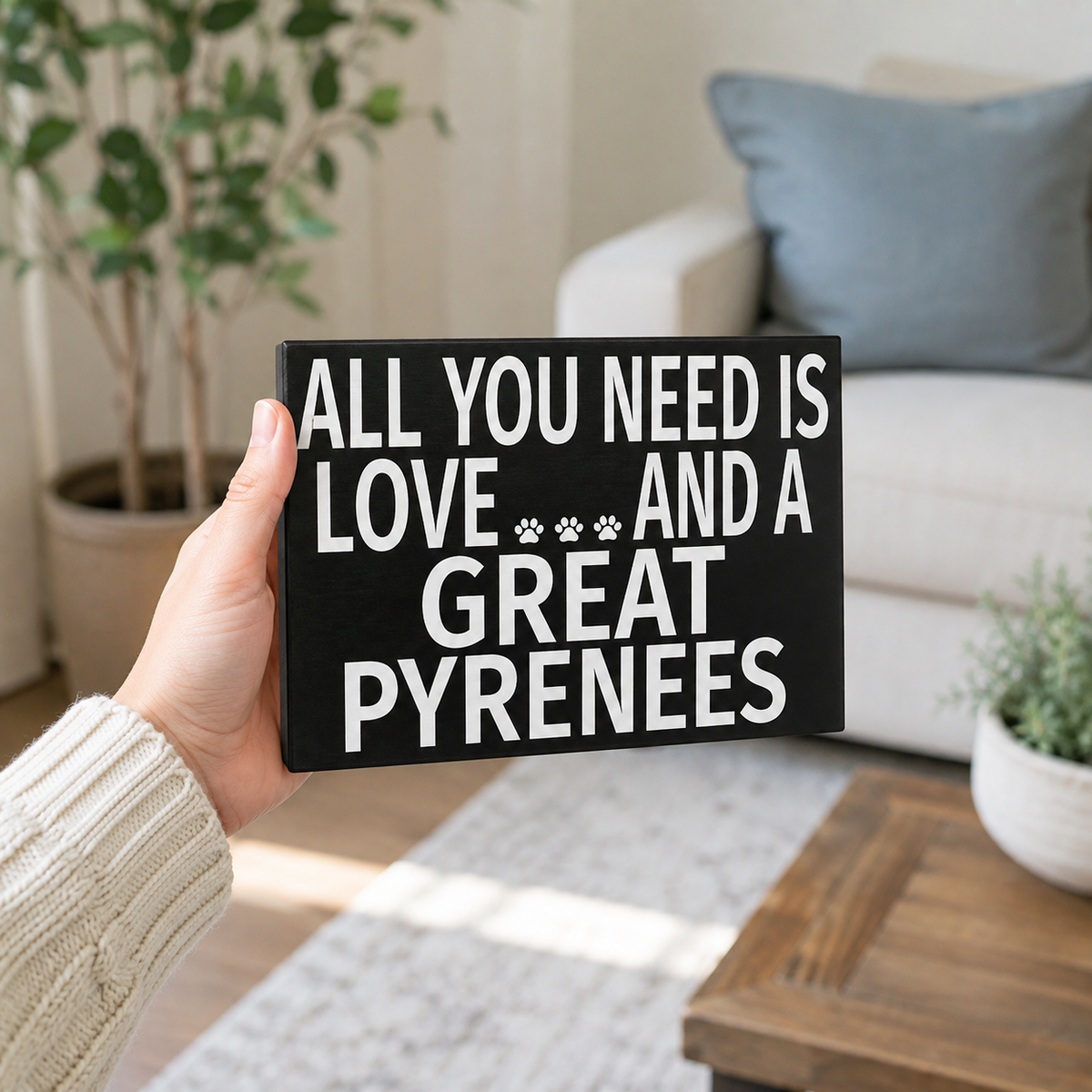 A hand holds a black rectangular sign with white text that reads 'ALL YOU NEED IS LOVE.