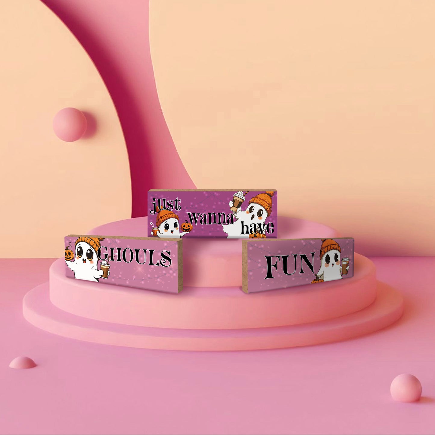 Ghouls Just Wanna Have Fun Cute Girl Ghosts Pink Pumpkin Spice Fall Decor, 3pc Halloween Wooden Block Set, Halloween Decorations