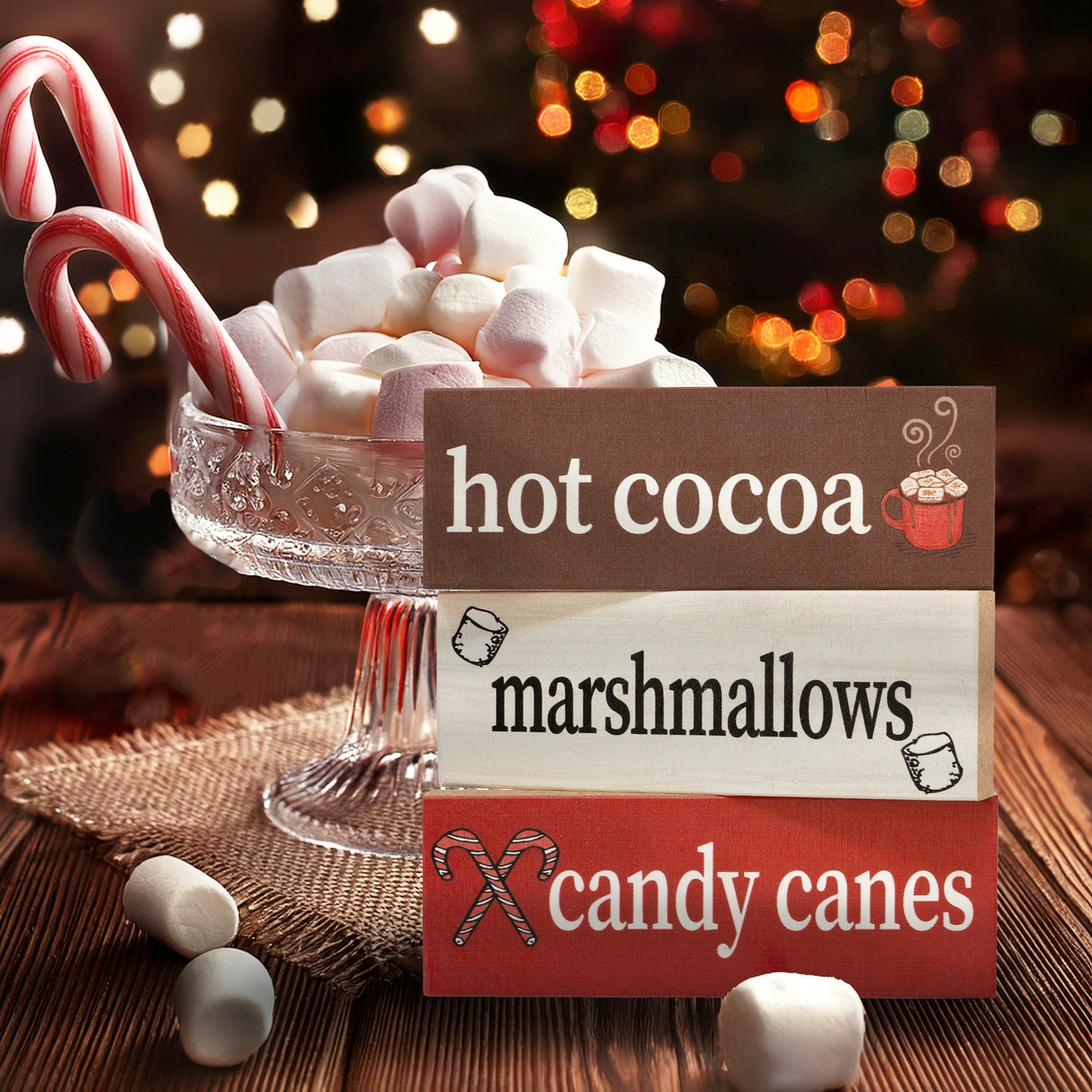 JennyGems Christmas Decor, Hot Cocoa Marshmallows Candy Canes, 3pc Mini Wooden Block Signs, Christmas Gifts, Made in USA