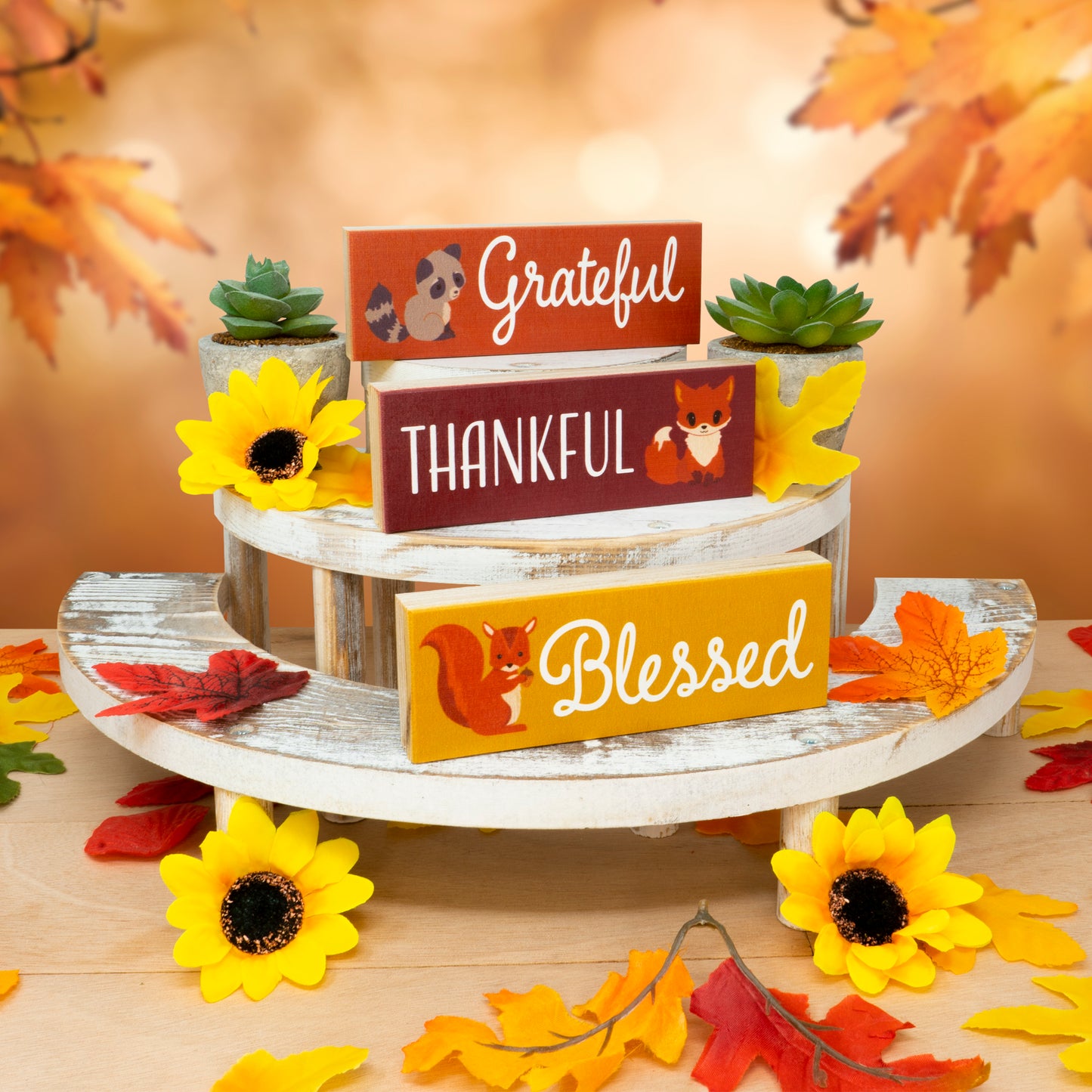 Grateful Thankful Blessed Fall Decor, 3pc Wooden Block Sign Set, Fall Tiered Tray, Fall Decorations, Autumn Thanksgiving Decor, Made in USA