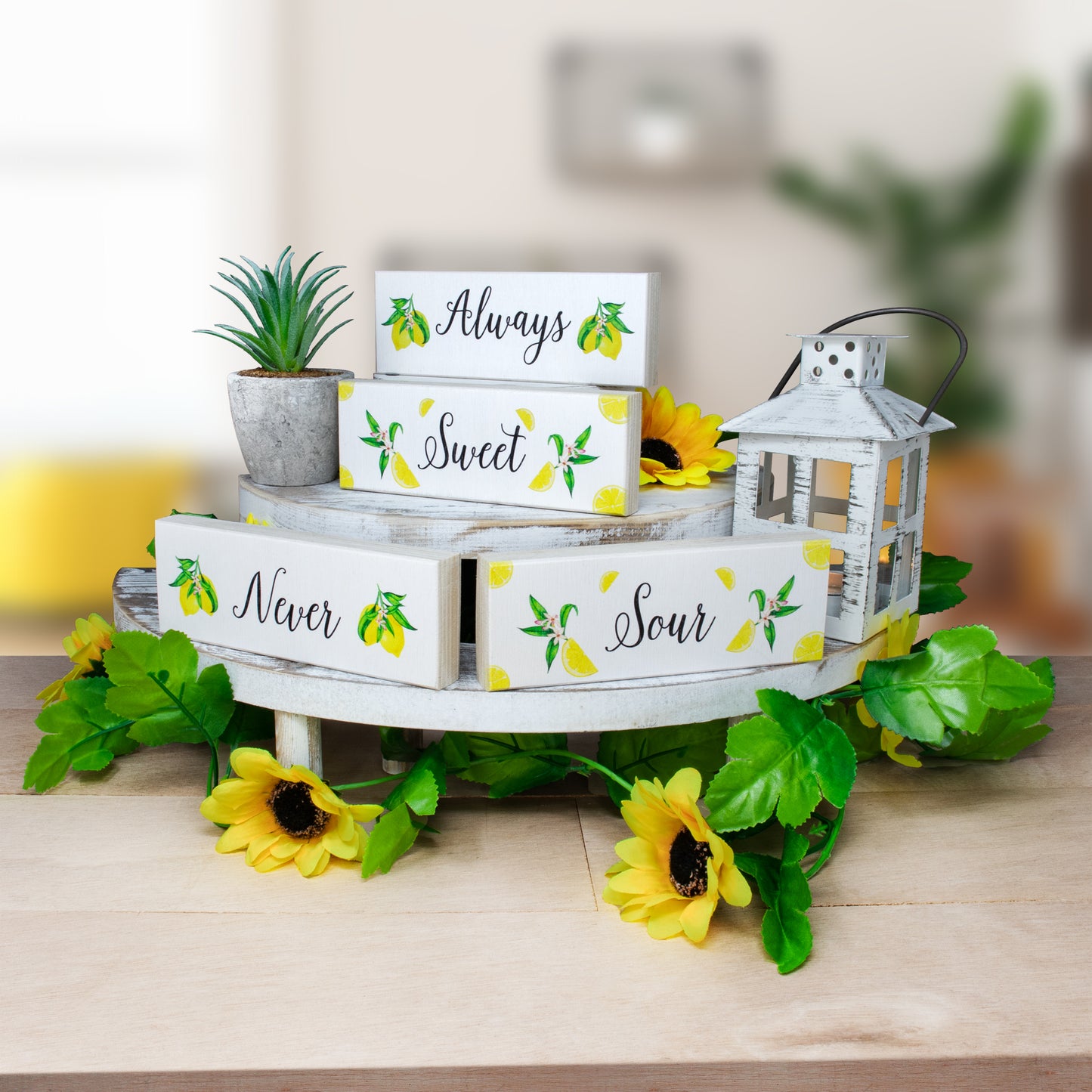 JennyGems Always Sweet Never Sour Lemon Wooden Signs for Tiered Tray Shelf or Table, Lemon Kitchen Decor, Made in USA
