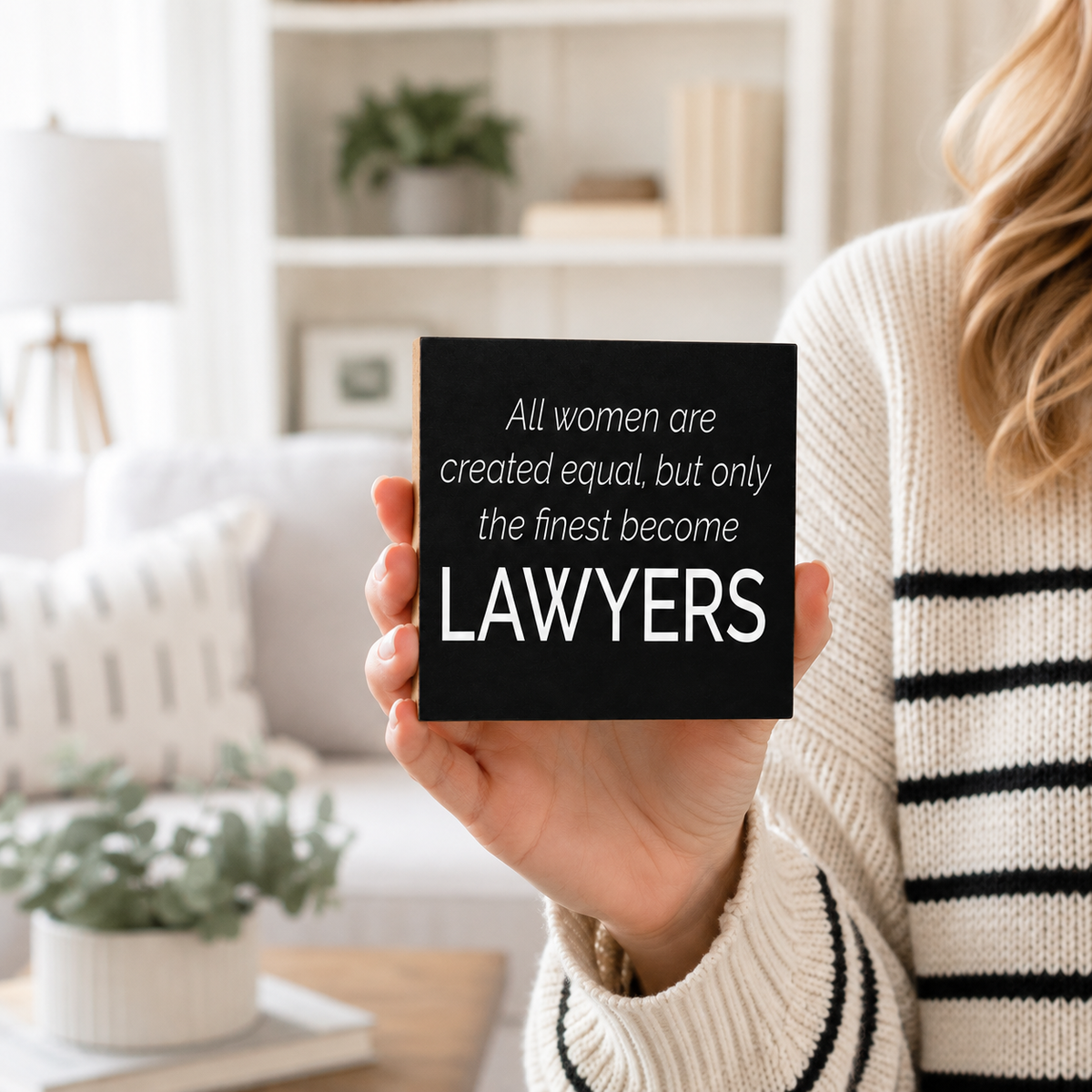 A person in a cream knit sweater holds a black square sign with white text that reads, 'All women are created equal, but only the finest become LAWYERS.' The background shows a softly blurred living room interior with a sofa, lamp, and shelves.