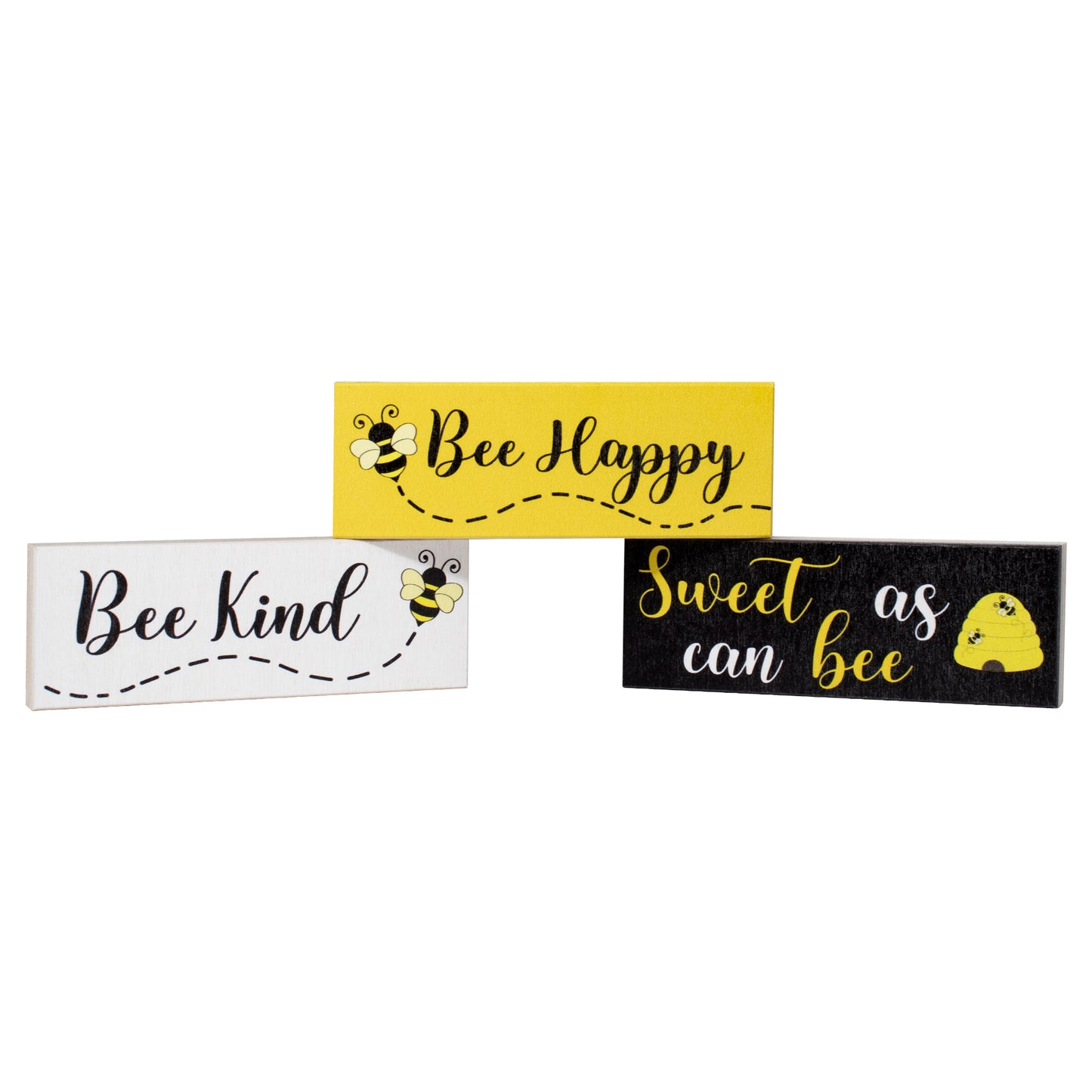 JennyGems Bee Decor, Spring Farmhouse Accents, Bee Happy Kind Sweet, 3pc Wooden Block Set, Tiered Tray, Mantel Decorations, Made in USA