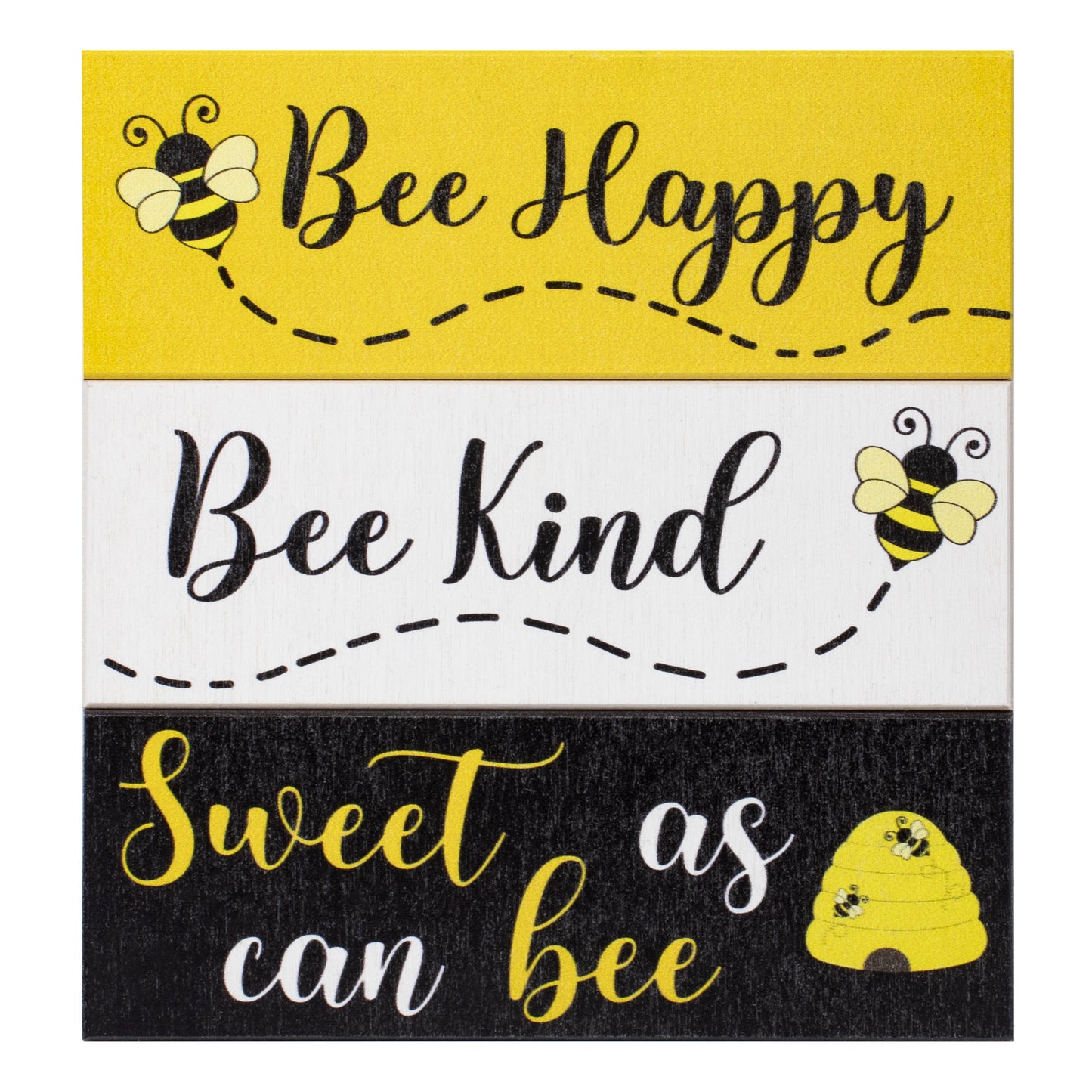JennyGems Bee Decor, Spring Farmhouse Accents, Bee Happy Kind Sweet, 3pc Wooden Block Set, Tiered Tray, Mantel Decorations, Made in USA