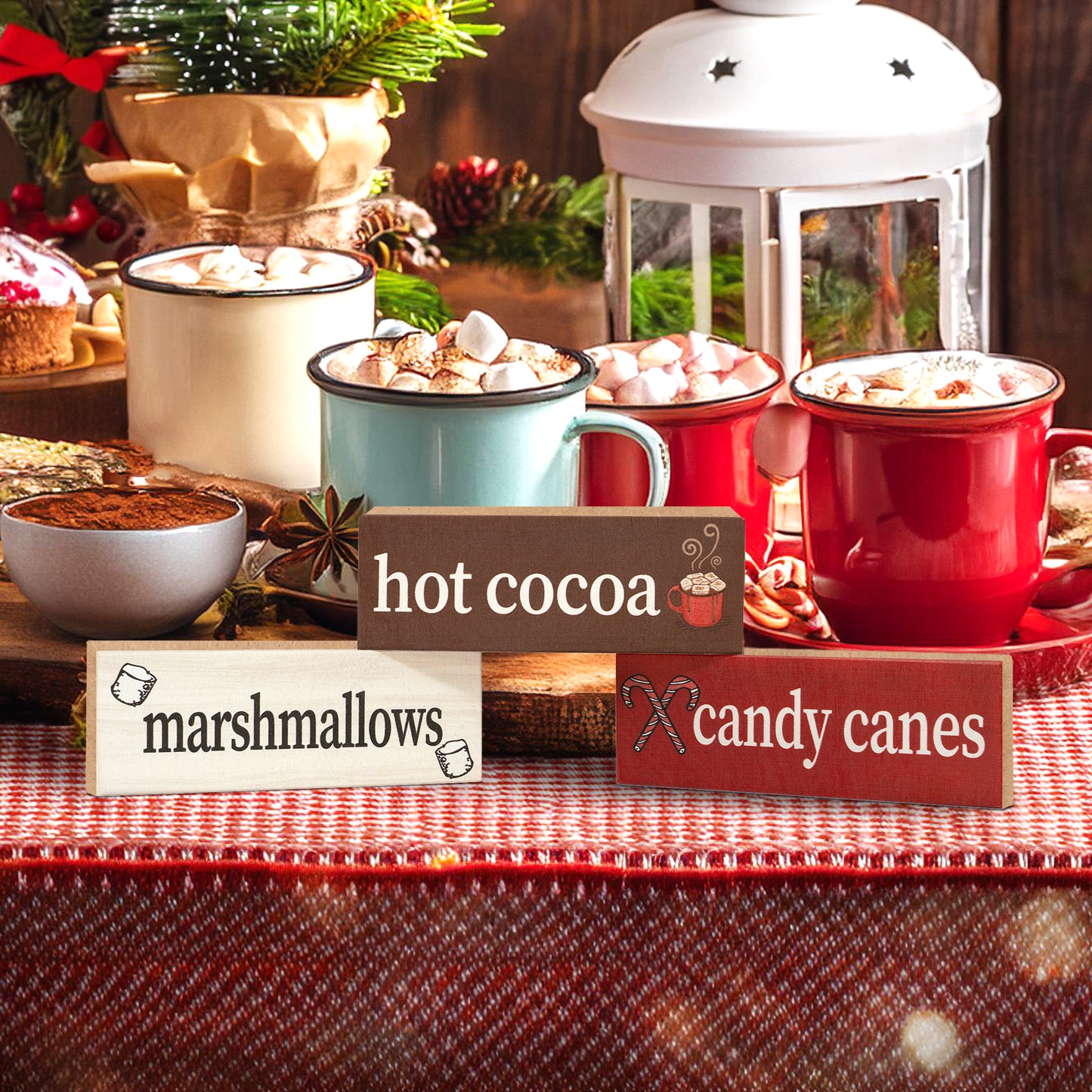 JennyGems Christmas Decor, Hot Cocoa Marshmallows Candy Canes, 3pc Mini Wooden Block Signs, Christmas Gifts, Made in USA