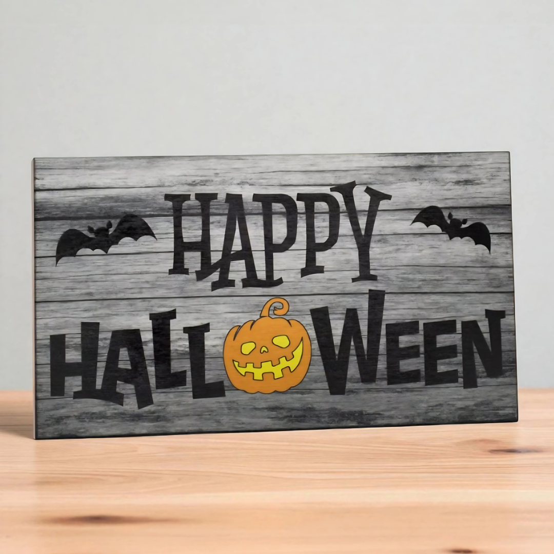 Rustic Happy Halloween Sign – Farmhouse Wooden Style Pumpkin and Bat Décor, Fall Mantel or Shelf Decoration, Halloween Gift