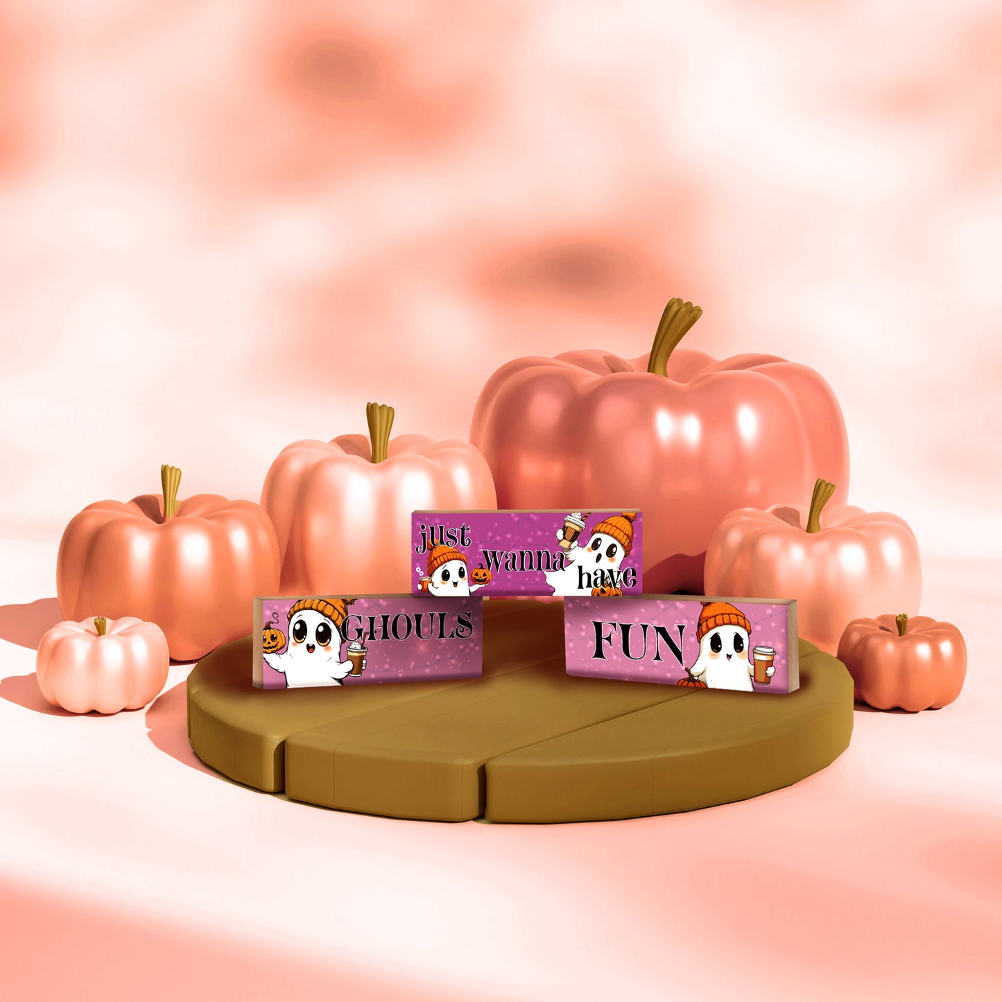 Ghouls Just Wanna Have Fun Cute Girl Ghosts Pink Pumpkin Spice Fall Decor, 3pc Halloween Wooden Block Set, Halloween Decorations