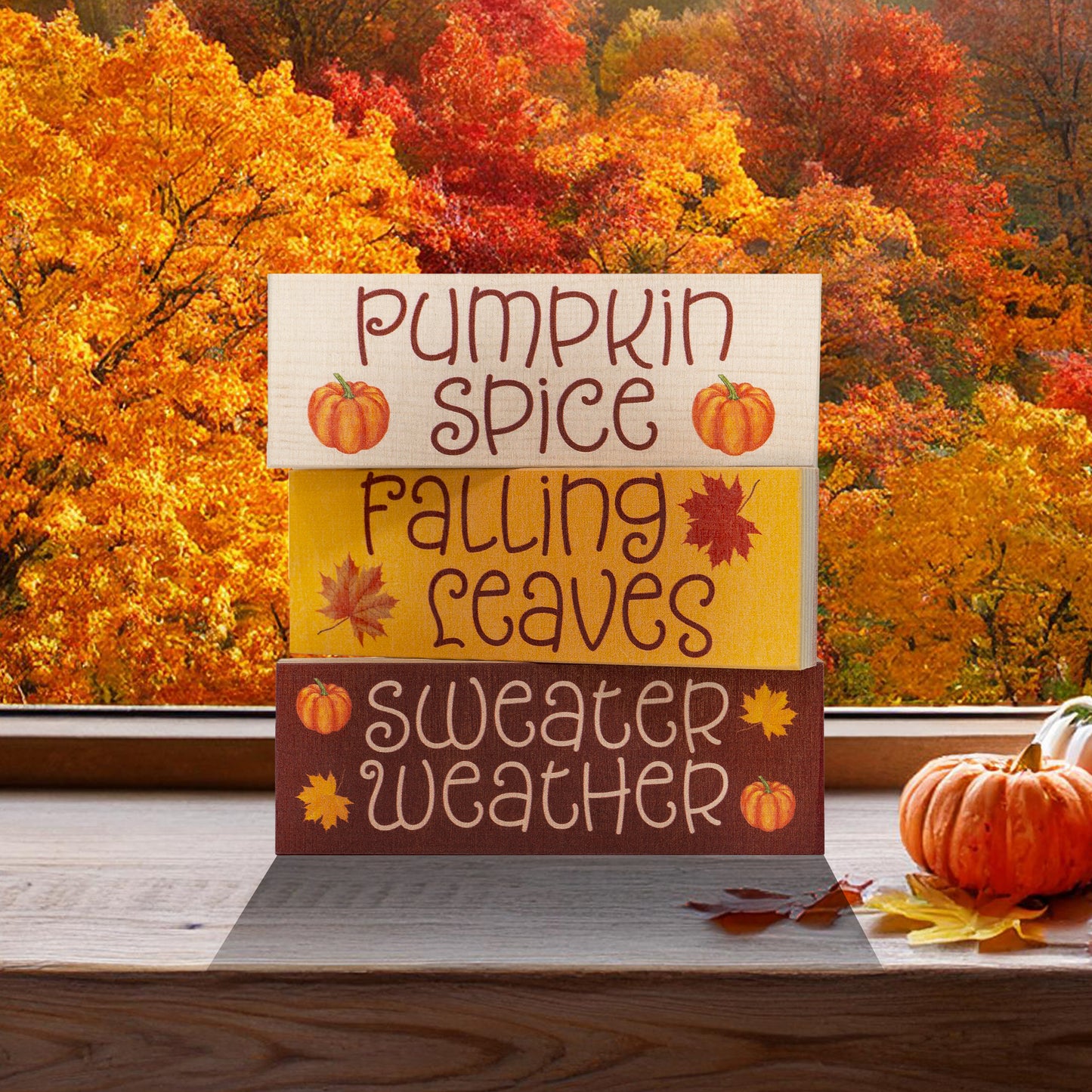 JennyGems Fall Decor, Fall Blocks Signs Pumpkin Spice Fall Decorations, Sweater Weather, Mantel and Tabletop Accents, Fall Tiered Tray Decor Made in USA