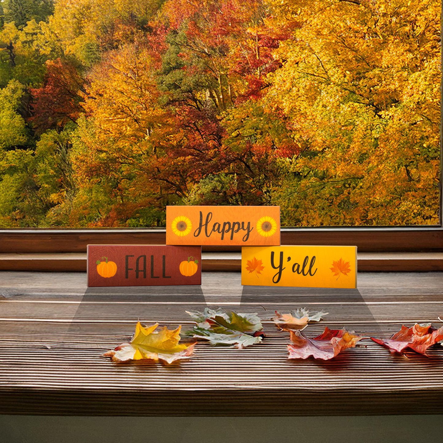Fall Decor, Happy Fall Y’all Wooden Block Signs, Fall Tiered Tray, Fall Decorations for Home, Autumn Thanksgiving Decorations, Made in USA