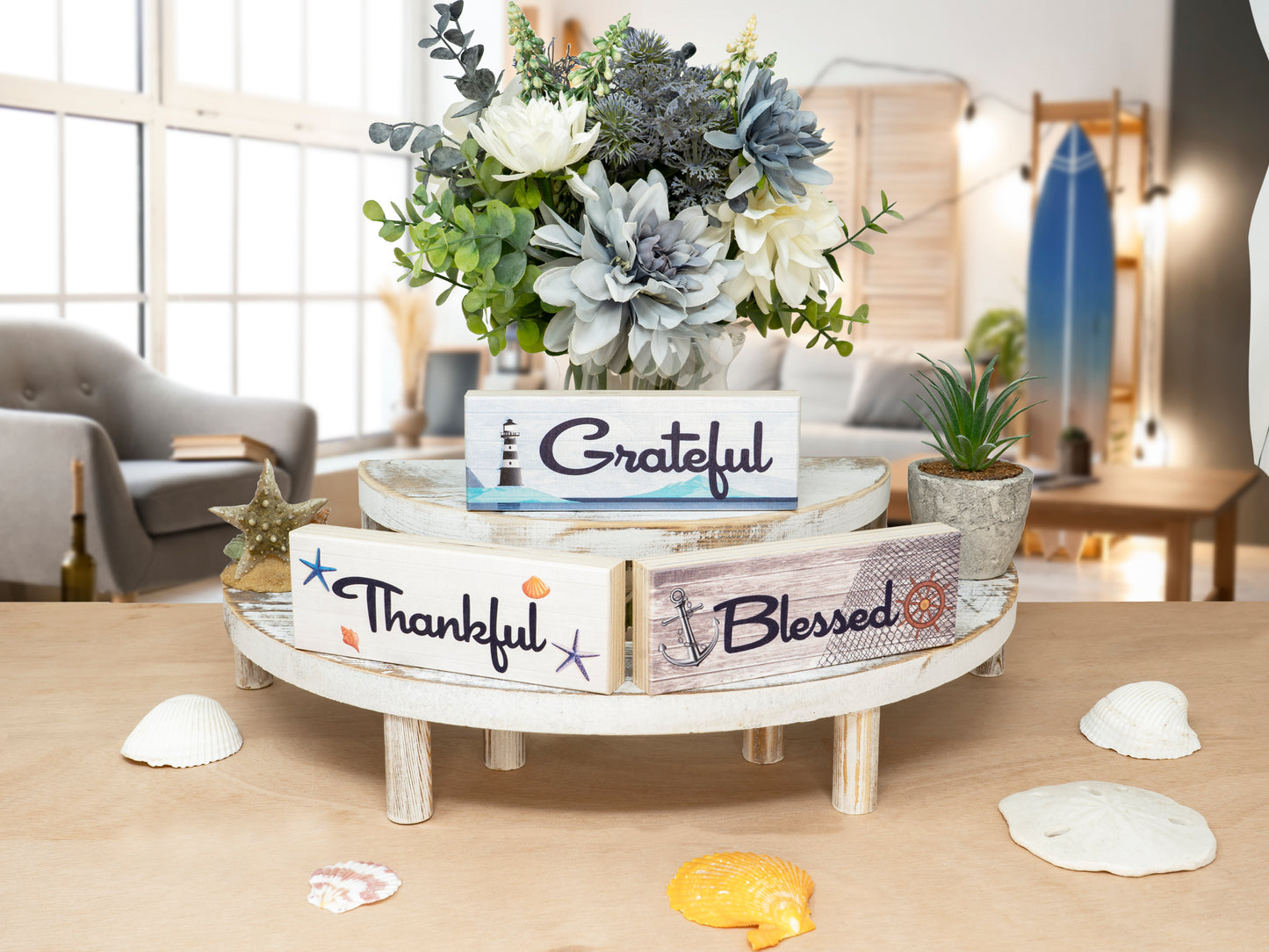 JennyGems Coastal Farmhouse Thankful Grateful Blessed Signs, Tiered Tray Decor 3 Mini Wood Block Signs, Beach House Decor, Beach Signs, Inspirational Quotes Friendship Gifts, Farmhouse Home Decor