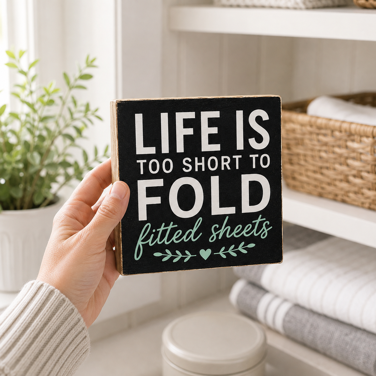 A hand holds a square black decorative sign with white and mint green text that reads, 'LIFE IS TOO SHORT TO FOLD fitted sheets.' The background shows a softly blurred bathroom or vanity setting with towels, a basket, and a plant.