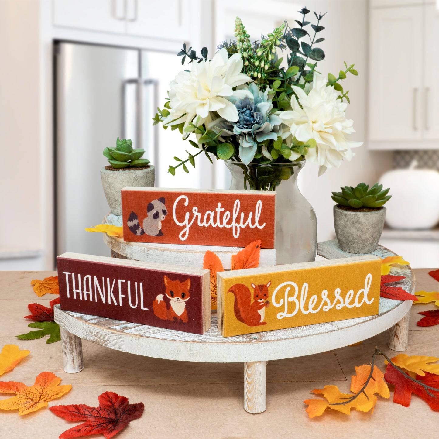 Grateful Thankful Blessed Fall Decor, 3pc Wooden Block Sign Set, Fall Tiered Tray, Fall Decorations, Autumn Thanksgiving Decor, Made in USA