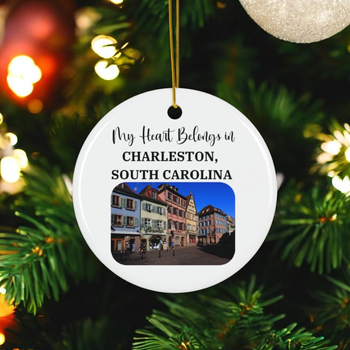 My Heart Belongs in Charleston SC Ornament, Rainbow Row Ceramic Christmas Tree Decoration, Charleston Souvenir, South Carolina Gift