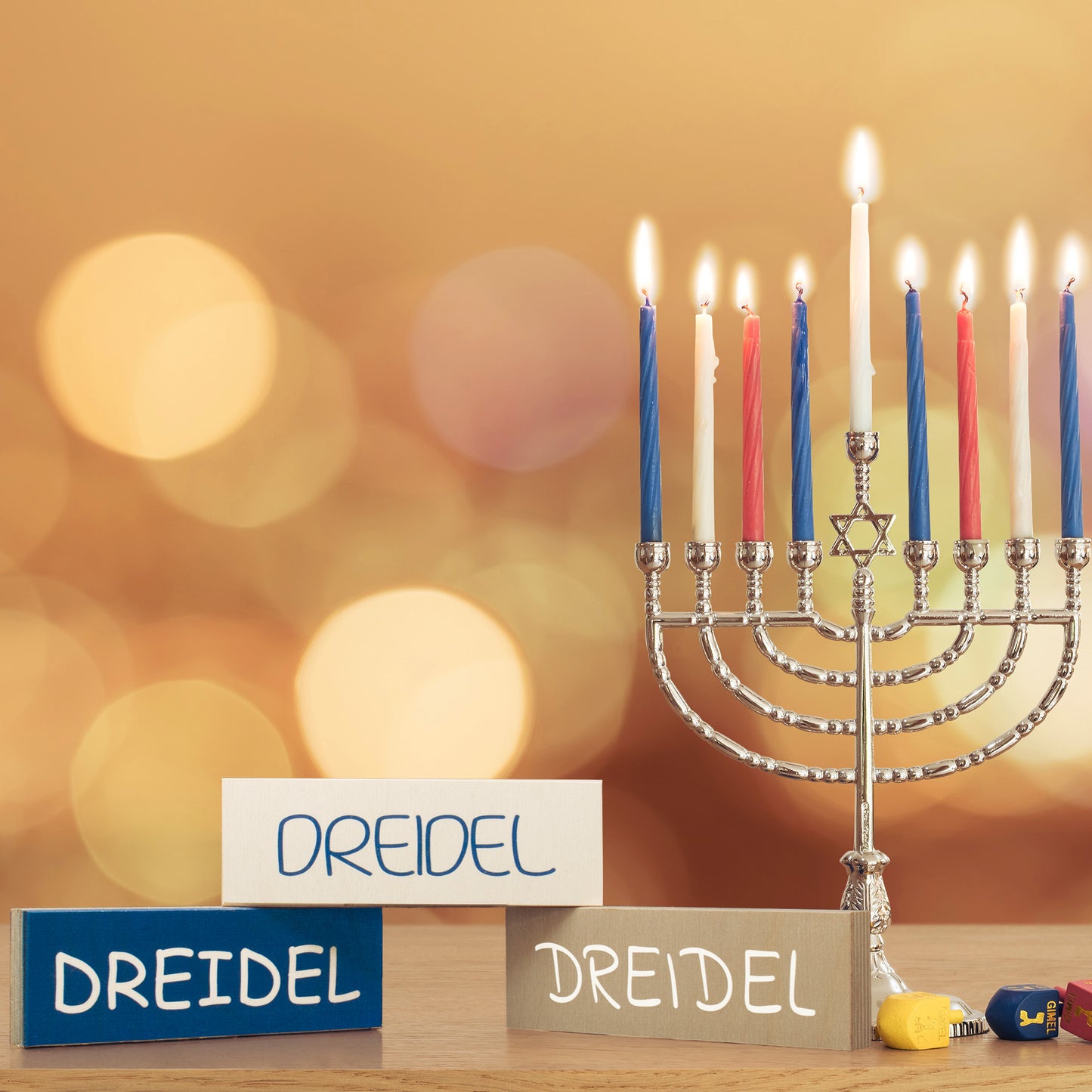 JennyGems Hanukkah Decorations, Dreidel Dreidel Dreidel 3pc Mini Wooden Block Set, Tiered Tray Decor, Dreidel Decor, Made in USA