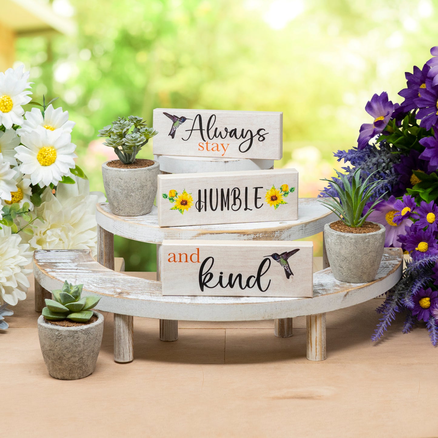 JennyGems Sunflower Decor, Always Stay Humble and Kind Wooden Block Signs, Tiered Tray Spring Decoration, Made in USA