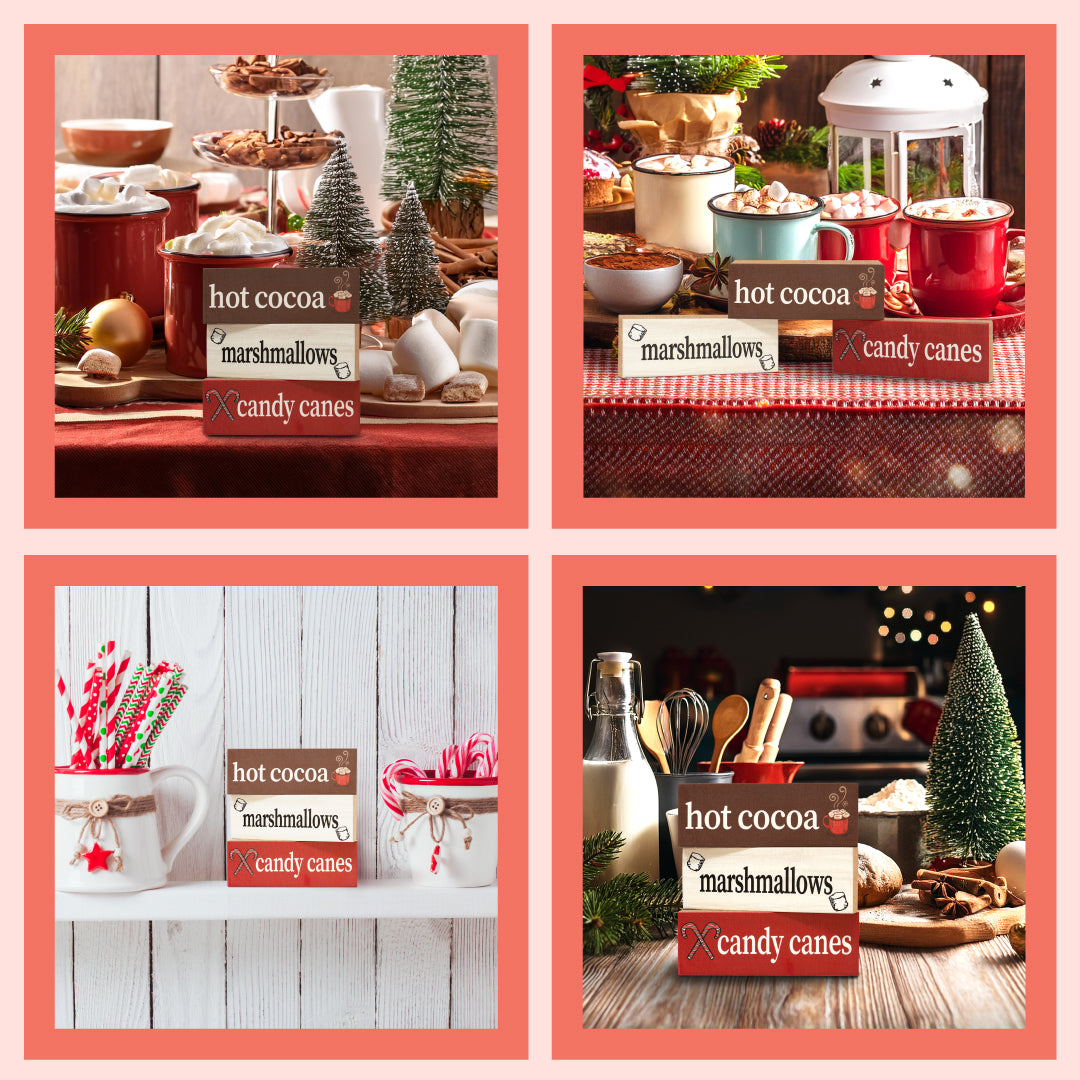 JennyGems Christmas Decor, Hot Cocoa Marshmallows Candy Canes, 3pc Mini Wooden Block Signs, Christmas Gifts, Made in USA