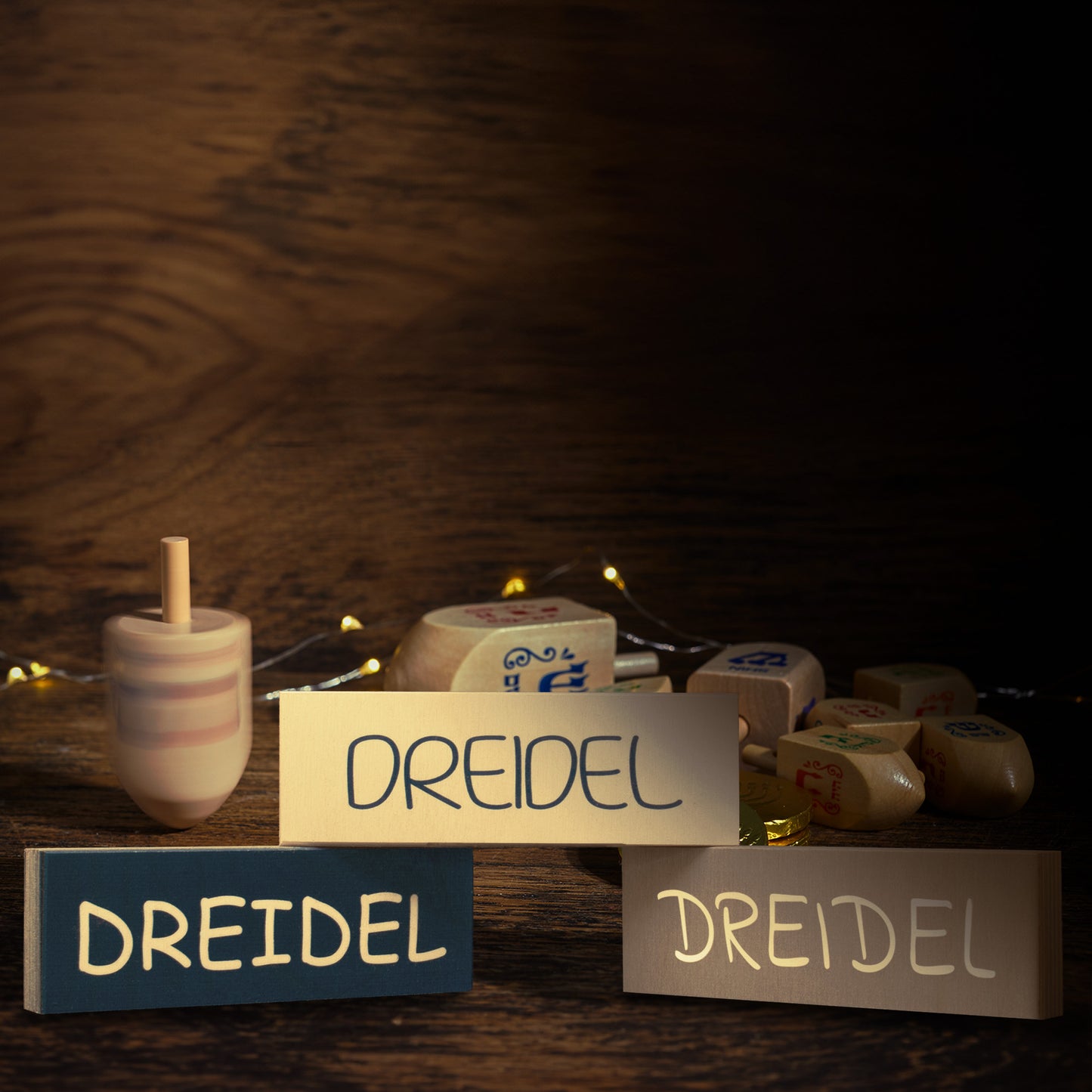 JennyGems Hanukkah Decorations, Dreidel Dreidel Dreidel 3pc Mini Wooden Block Set, Tiered Tray Decor, Dreidel Decor, Made in USA