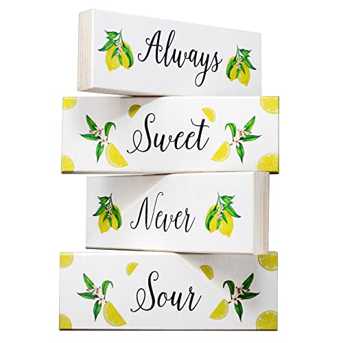 JennyGems Always Sweet Never Sour Lemon Wooden Signs for Tiered Tray Shelf or Table, Lemon Kitchen Decor, Made in USA