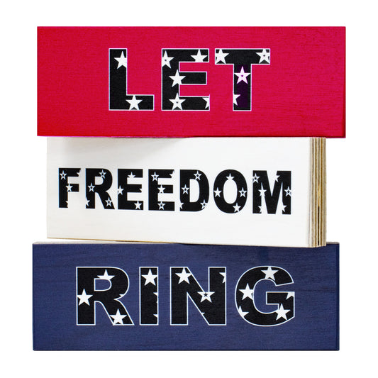 JennyGems Let Freedom Ring Wooden Block Signs 3pc, Patriotic Tiered Tray Decor, 4th of July Decorations, Memorial Day, Red White Blue, Made in USA