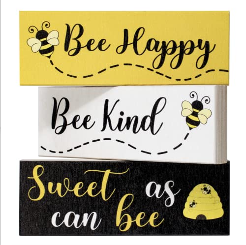 JennyGems Bee Decor, Spring Farmhouse Accents, Bee Happy Kind Sweet, 3pc Wooden Block Set, Tiered Tray, Mantel Decorations, Made in USA