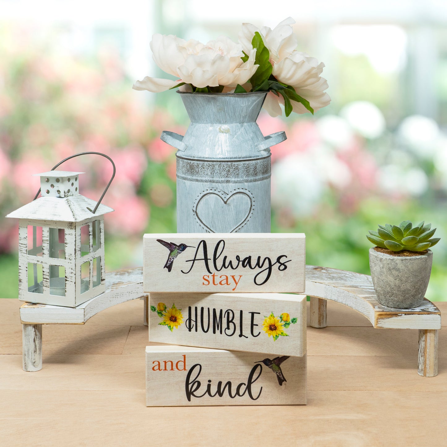 JennyGems Sunflower Decor, Always Stay Humble and Kind Wooden Block Signs, Tiered Tray Spring Decoration, Made in USA