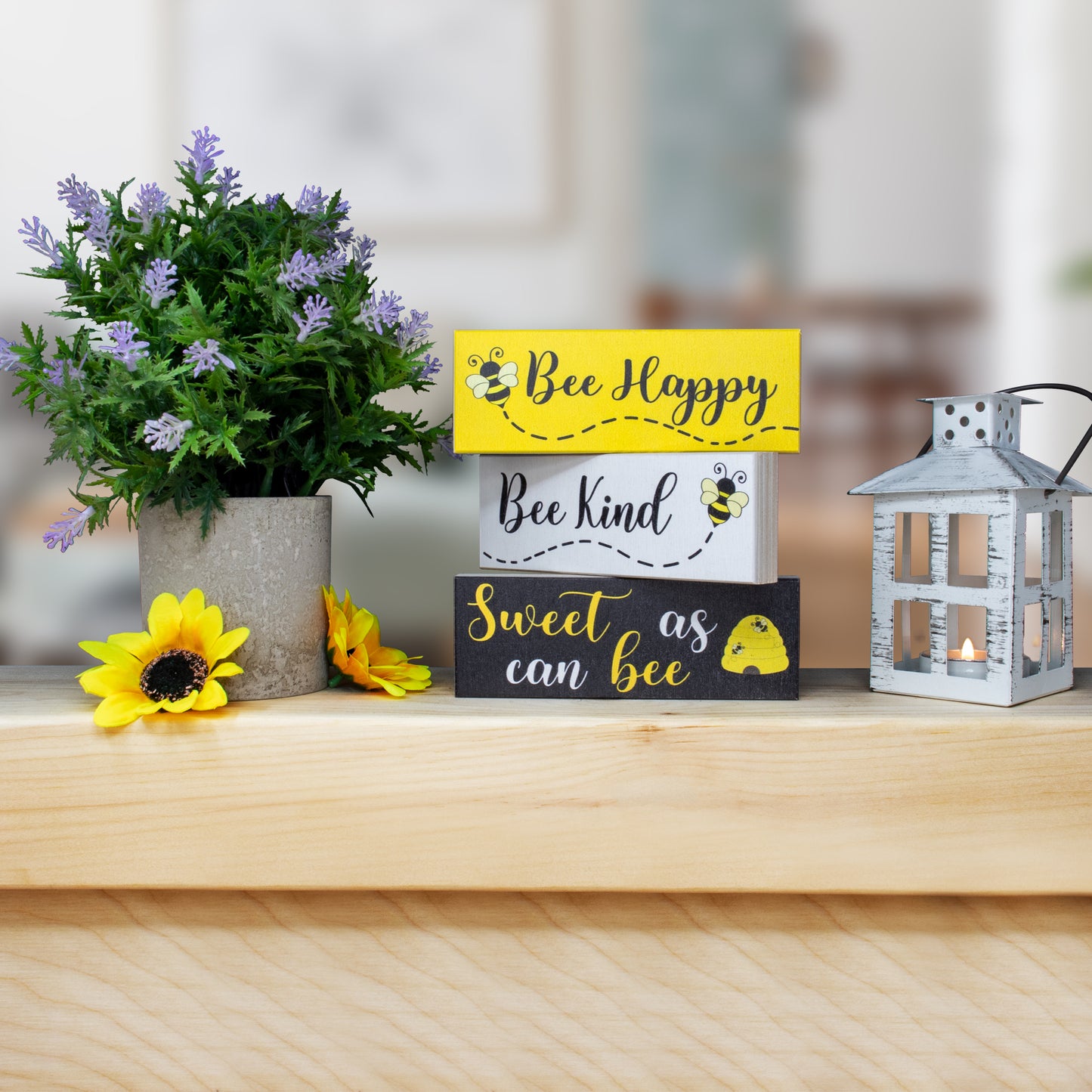 JennyGems Bee Decor, Spring Farmhouse Accents, Bee Happy Kind Sweet, 3pc Wooden Block Set, Tiered Tray, Mantel Decorations, Made in USA