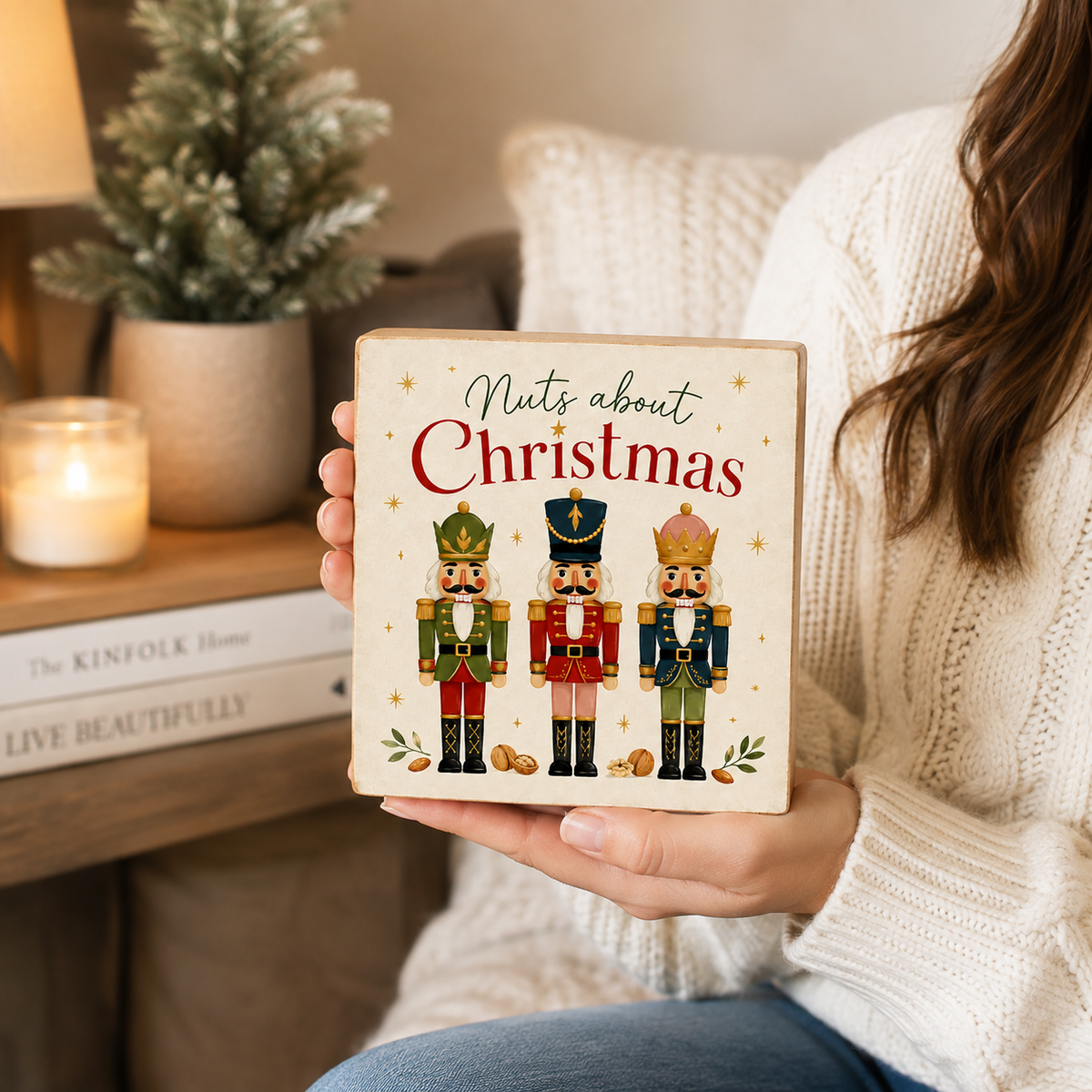 A person in a cozy knit sweater holds a square decorative sign that reads 'Nuts about Christmas' with three illustrated nutcracker figures. The scene is warmly lit and styled with a candle, books, and a small tree in the background.