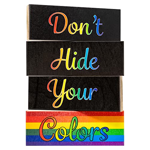 JennyGems LGBT Gifts, Don't Hide Your Colors 4 Piece Wooden Block Set, Pride Rainbow Tiered Tray Decor, LGBTQ Flag, Gay Pride Signs, Made in USA
